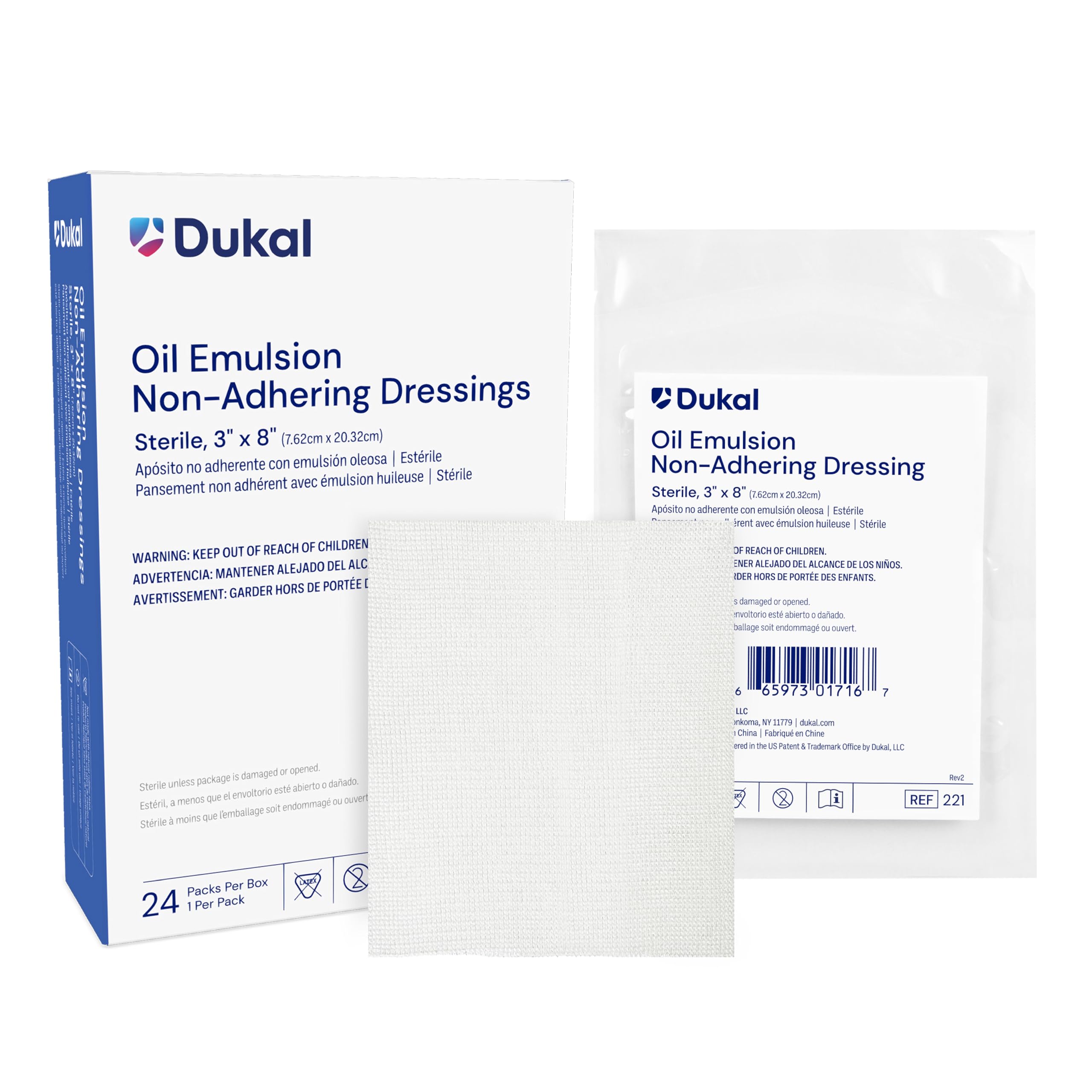 Dukal Oil Emulsion Dressing 3x8 box in sterile packaging for wound care.