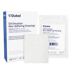 Dukal Oil Emulsion Dressing 3x8 box in sterile packaging for wound care.