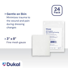 Dukal Oil Emulsion Dressing 3x8 design engineered for efficient drainage with exudating wounds.