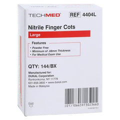 Dukal TEC 4404L finger cot packaging shows bulk pack of 144.