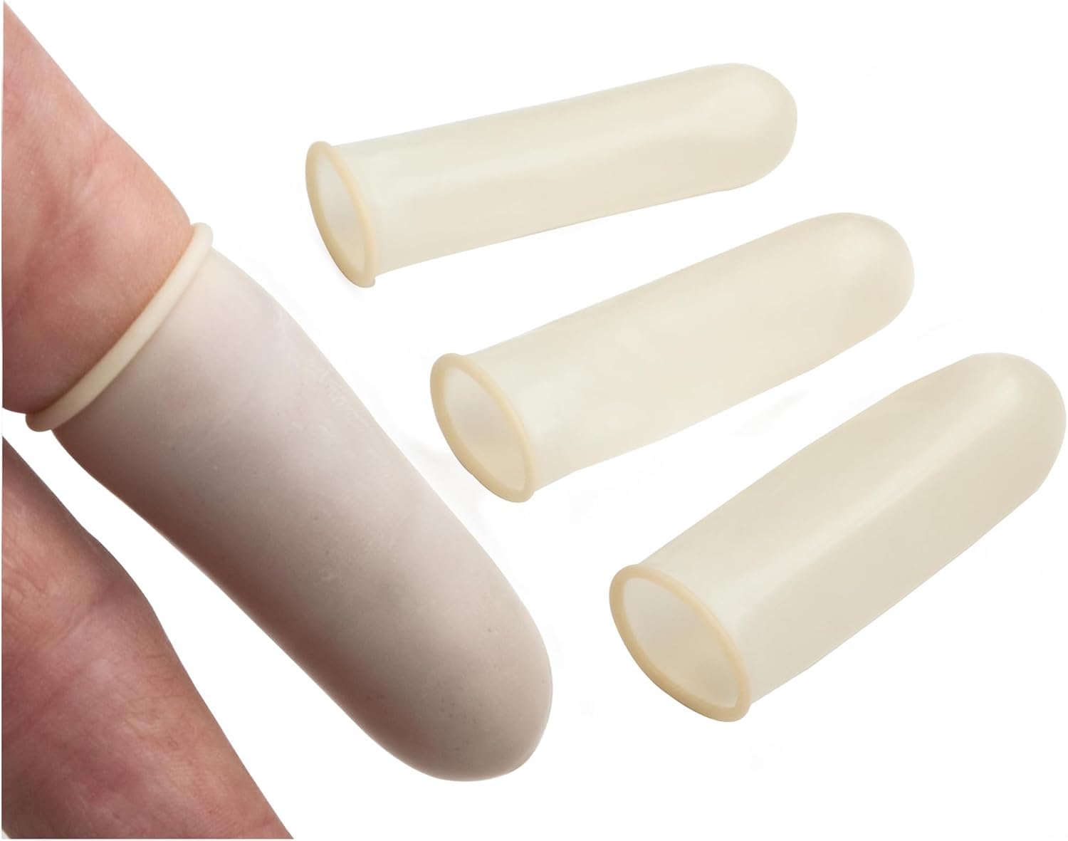 Dukal TEC 4404XL latex-free finger cot showing 0.08 mm thin profile for fine work.
