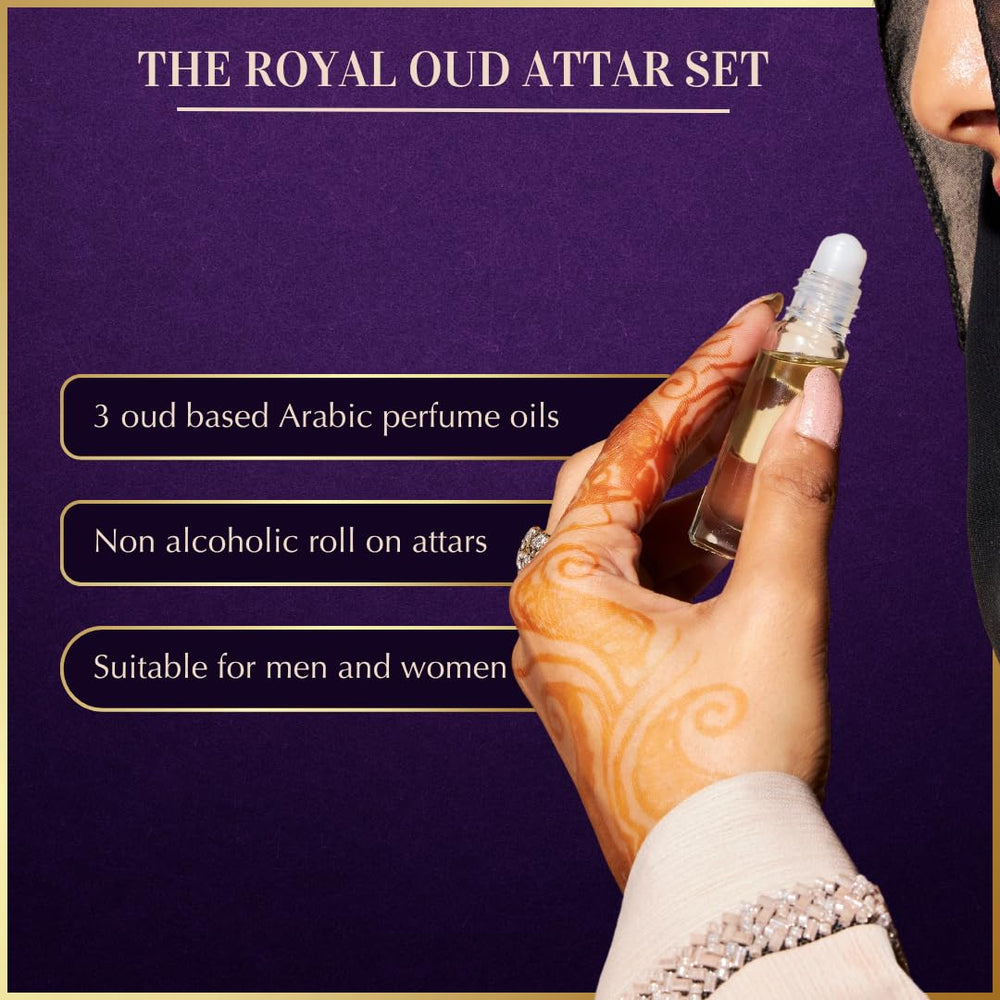 Dukhni Royal Oud Attar Set bottles shown as portable mini oils