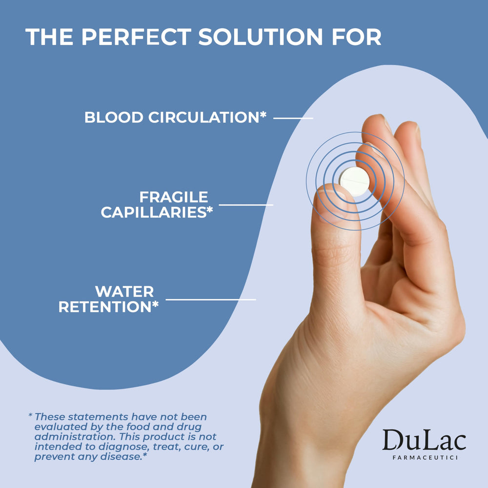 Lifestyle shot with glass of water suggests regular use of Dulàc Diosmin 500.