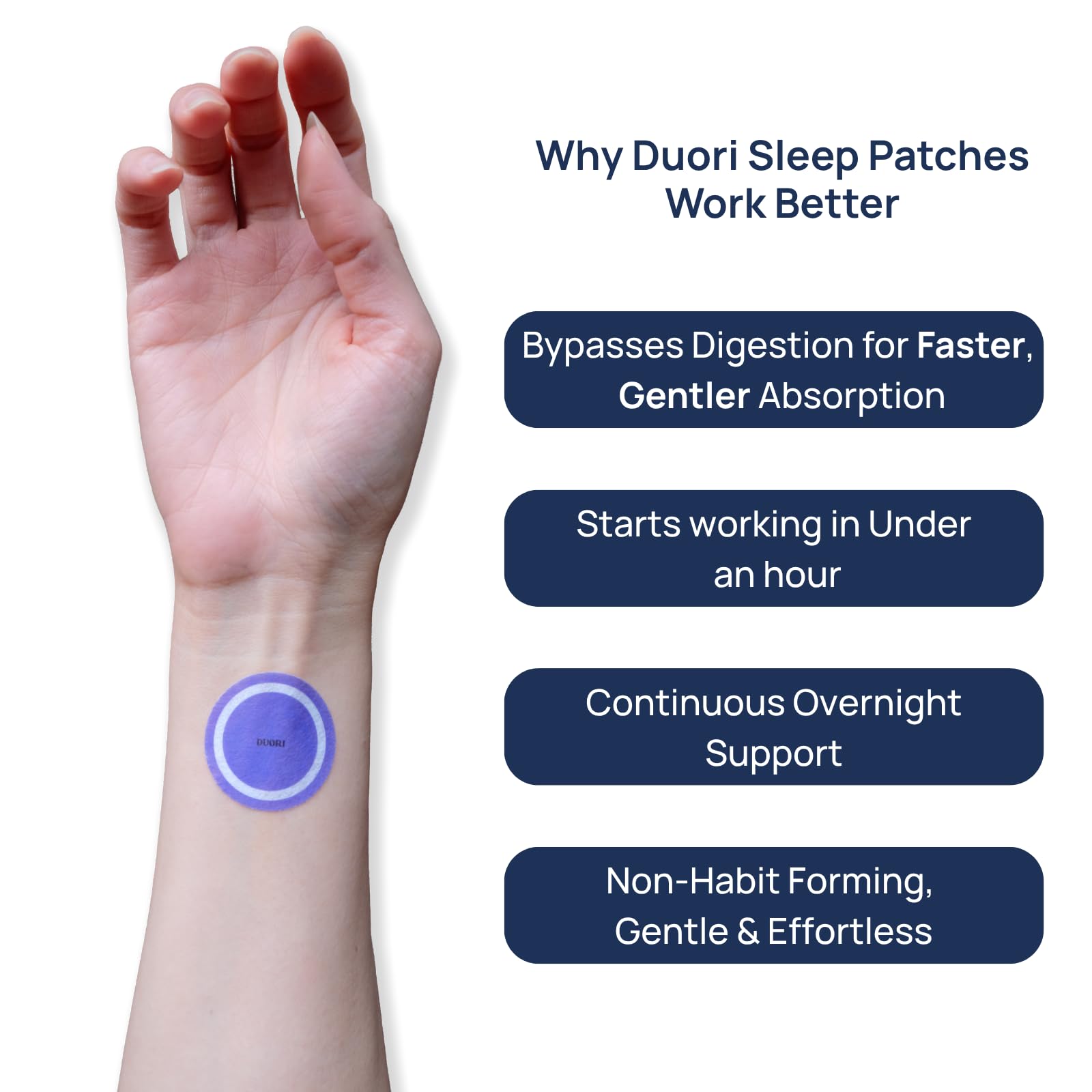 DUORI Sleep Patches applied on the arm for a gentle, melatonin-free night support.