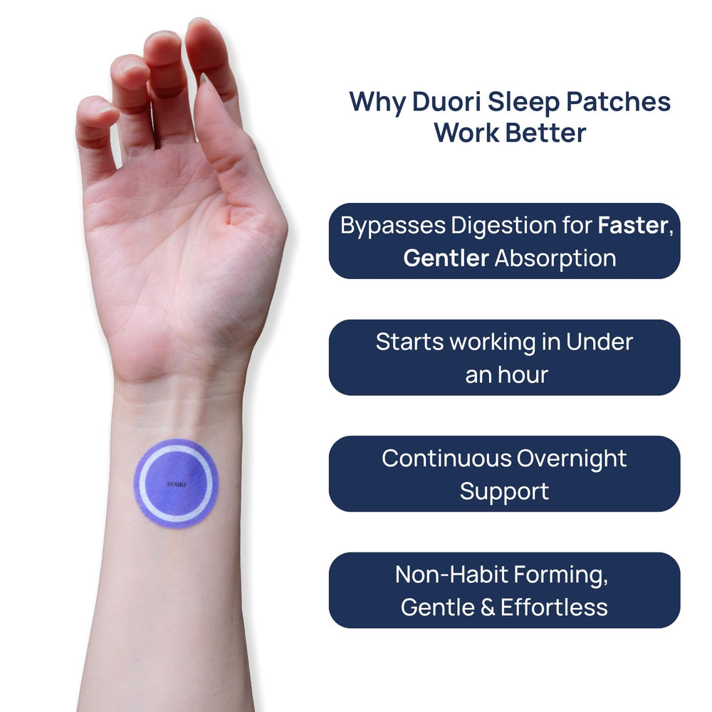 DUORI Sleep Patches applied on the arm for a gentle, melatonin-free night support.
