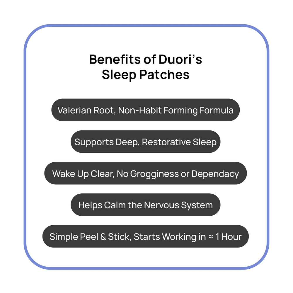 DUORI Sleep Patches on skin illustrating patch-and-application details.