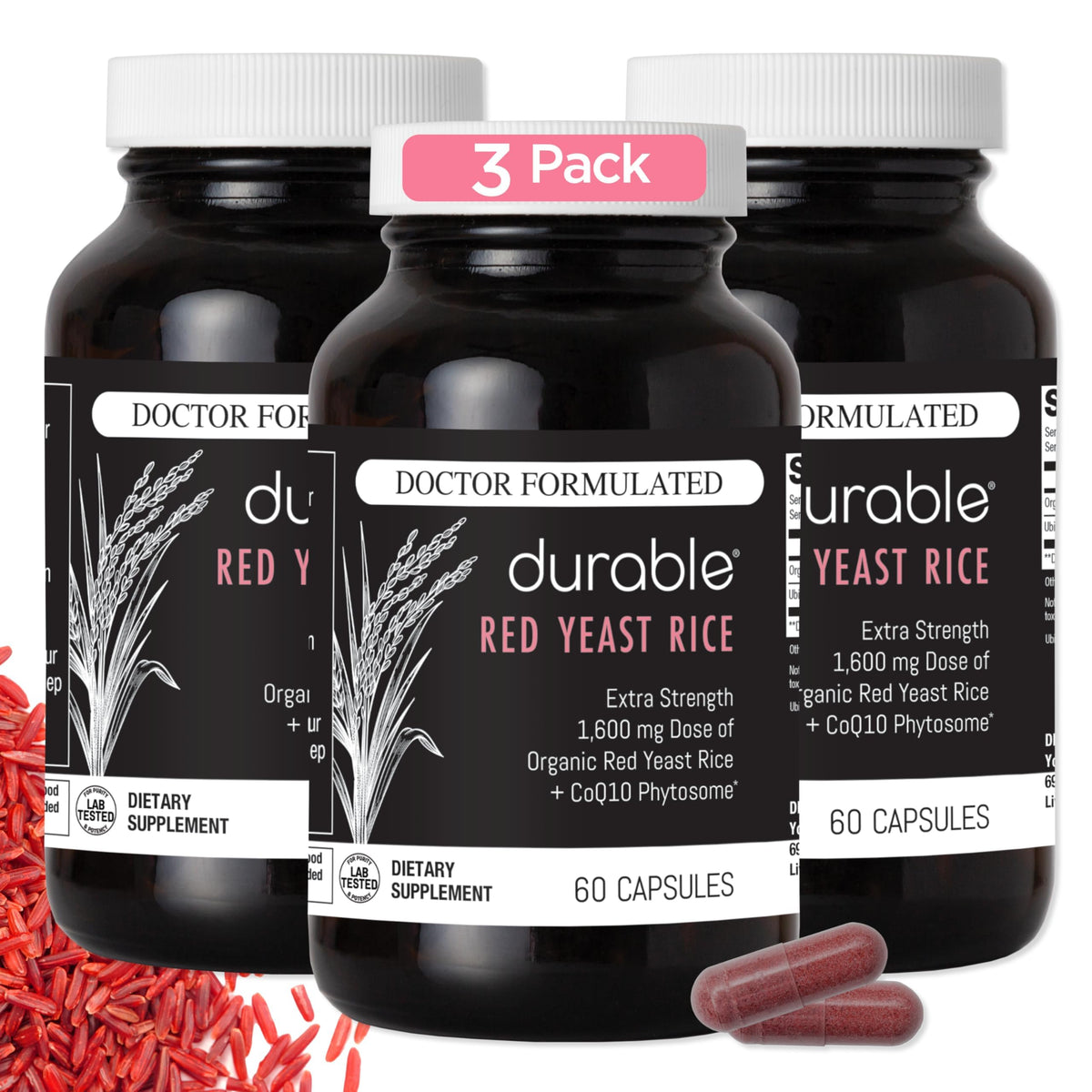 Durable RED Yeast Rice 1600mg bottle with capsules for daily heart health support.