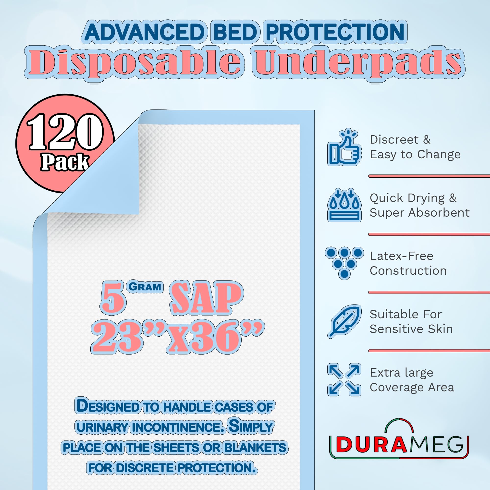 Durameg Chucks Pads Disposable 23x36 inch coverage demonstrates large surface area.