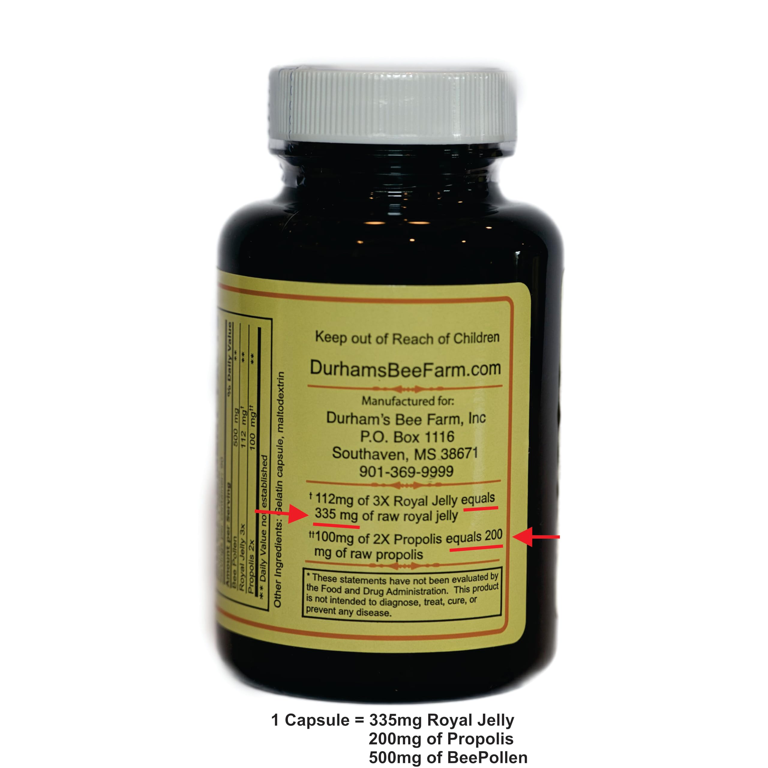 Close-up of Queen's Delight capsules emphasizes convenient all-in-one bee product blend.