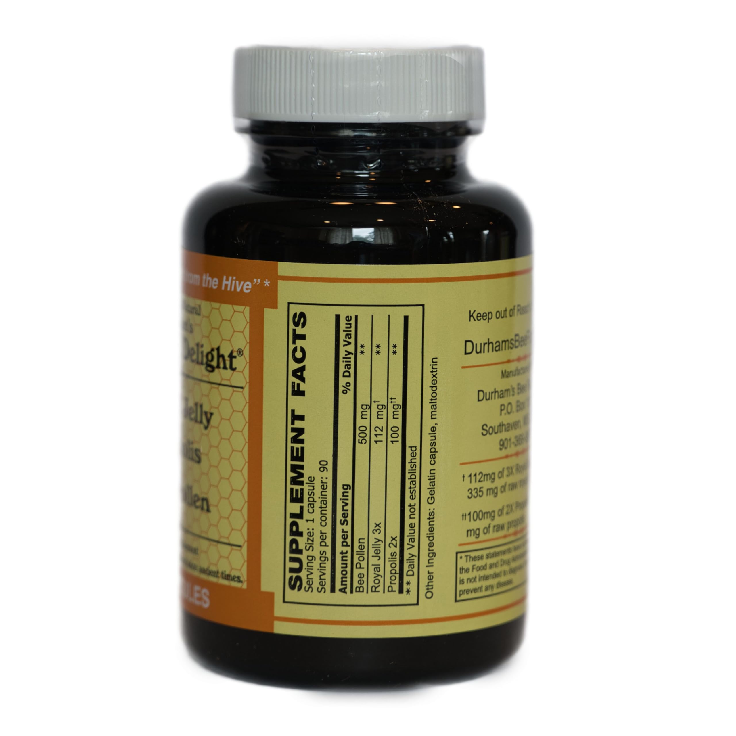 Label detail highlights three-honeybee blend in one capsule for streamlined nutrition.