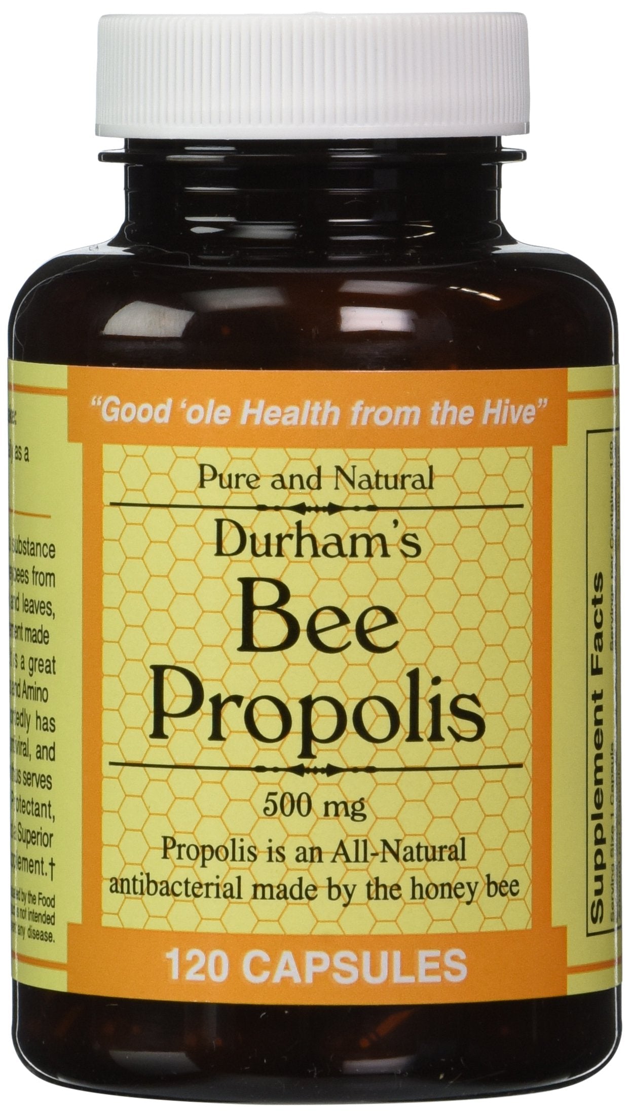 Durham's Bee Propolis 500mg bottle front view supports daily wellness.