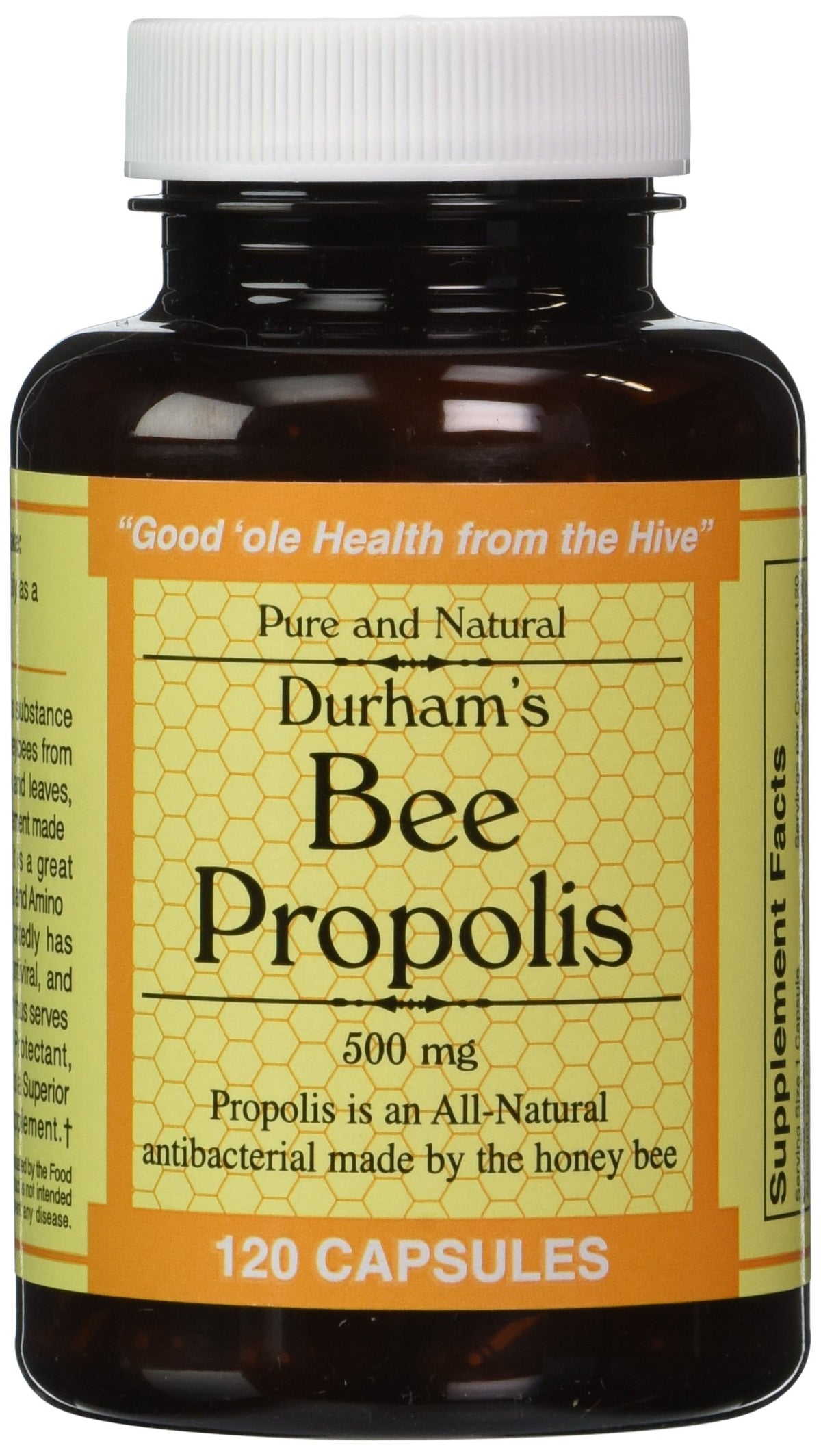 Durham's Bee Propolis 500mg bottle front view supports daily wellness.