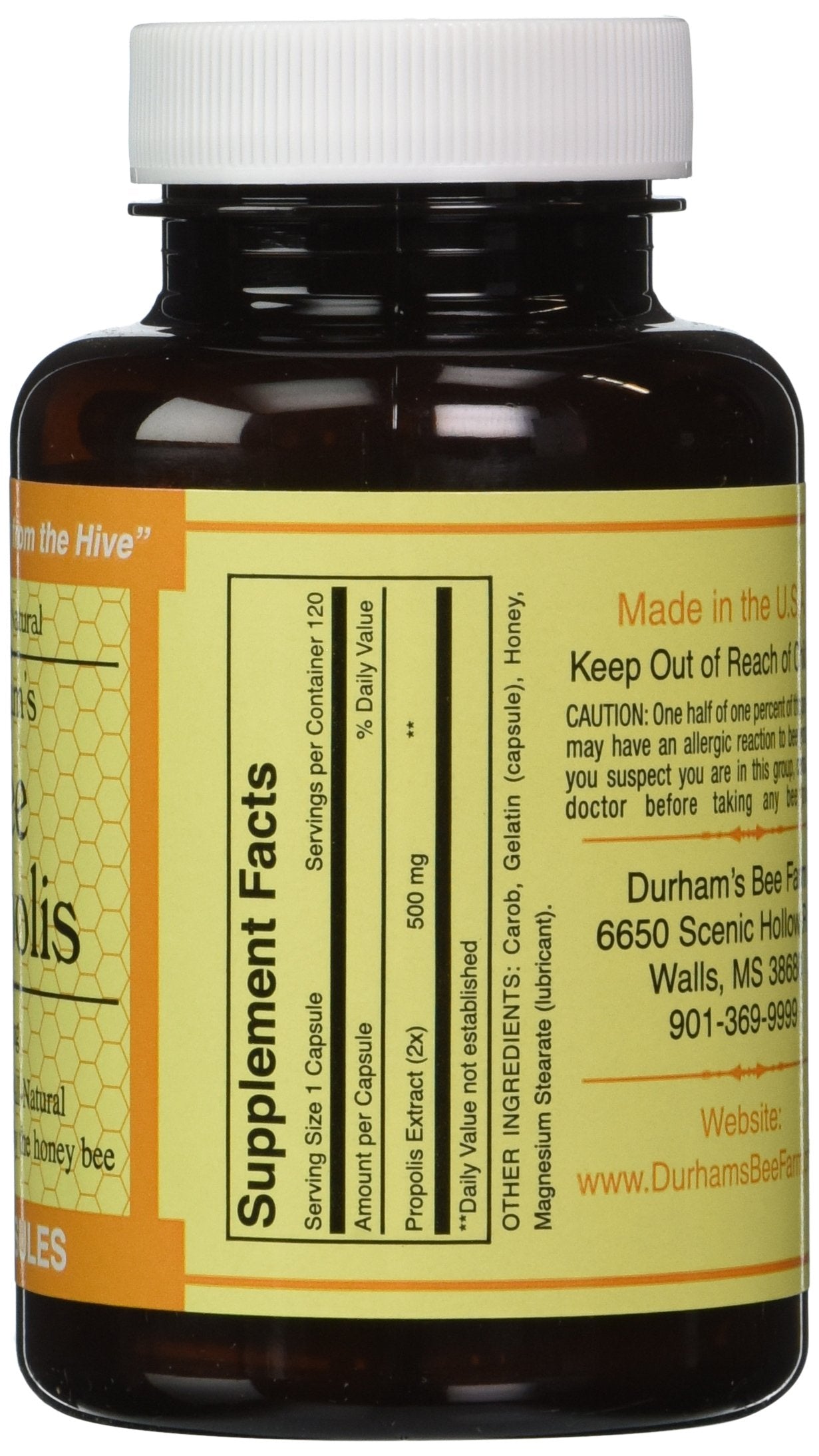Durham's Bee Propolis capsules close-up for easy daily intake.