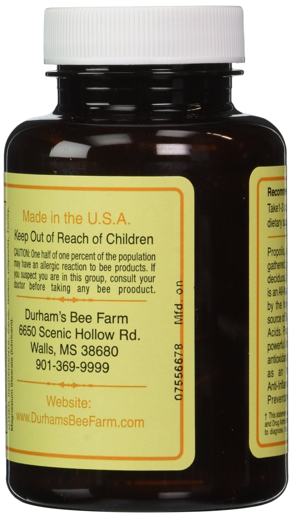 Durham's Bee Propolis USA origin highlights natural resin source.