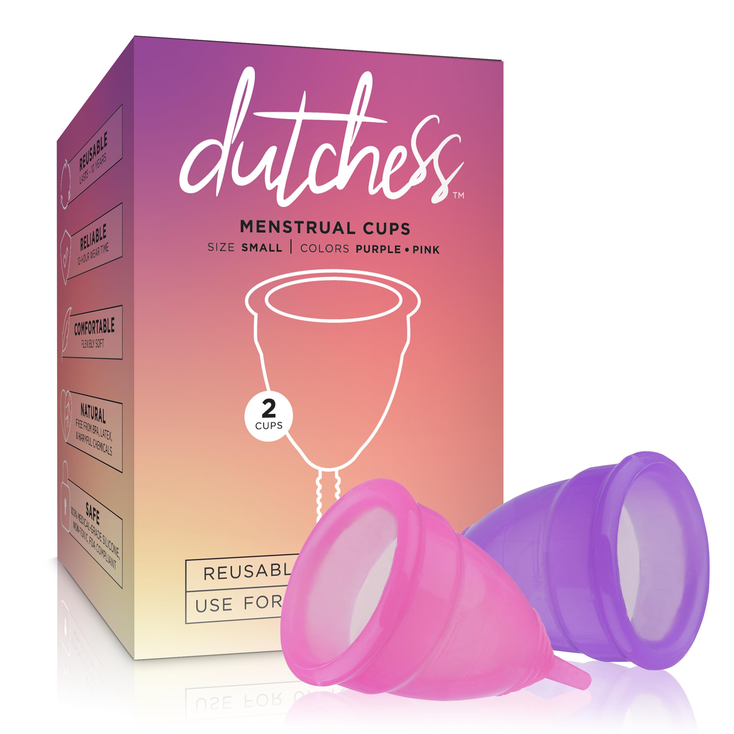 Dutchess two-pack menstrual cups in pink and purple for reusable comfort on the go.