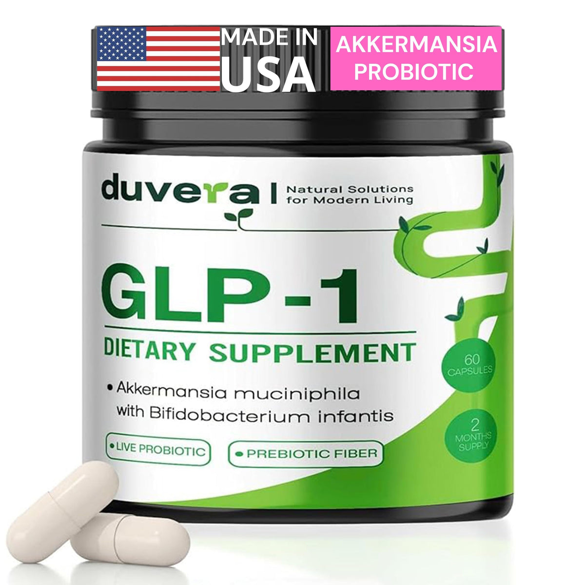 Duvera Akkermansia probiotic bottle illustrating GLP-1 support and gut balance.