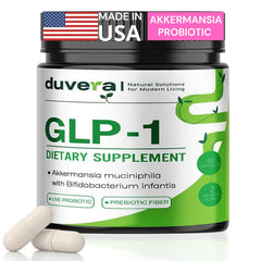 Duvera Akkermansia probiotic bottle illustrating GLP-1 support and gut balance.