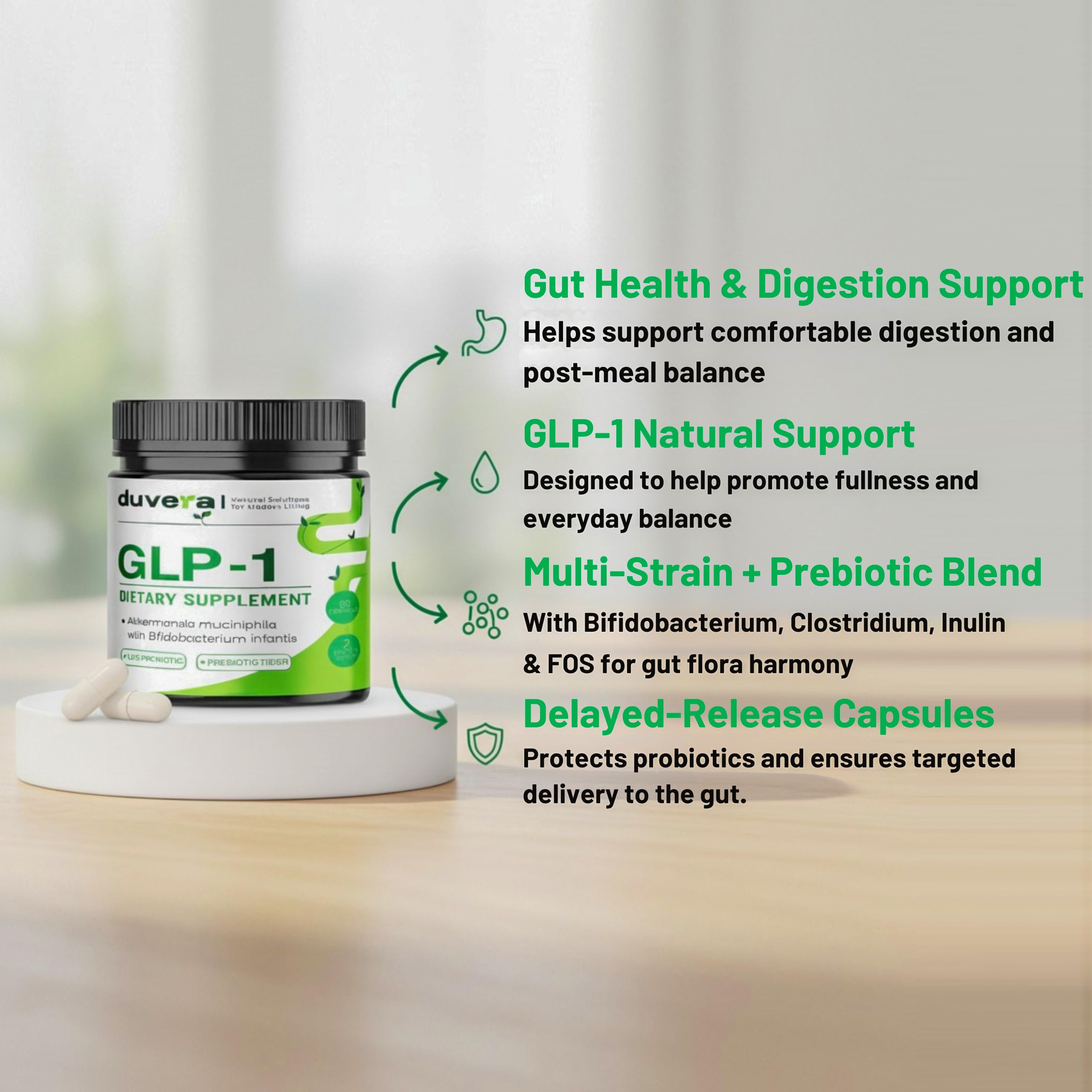 Duvera GLP-1 support supplement for digestive balance and nutrient absorption.