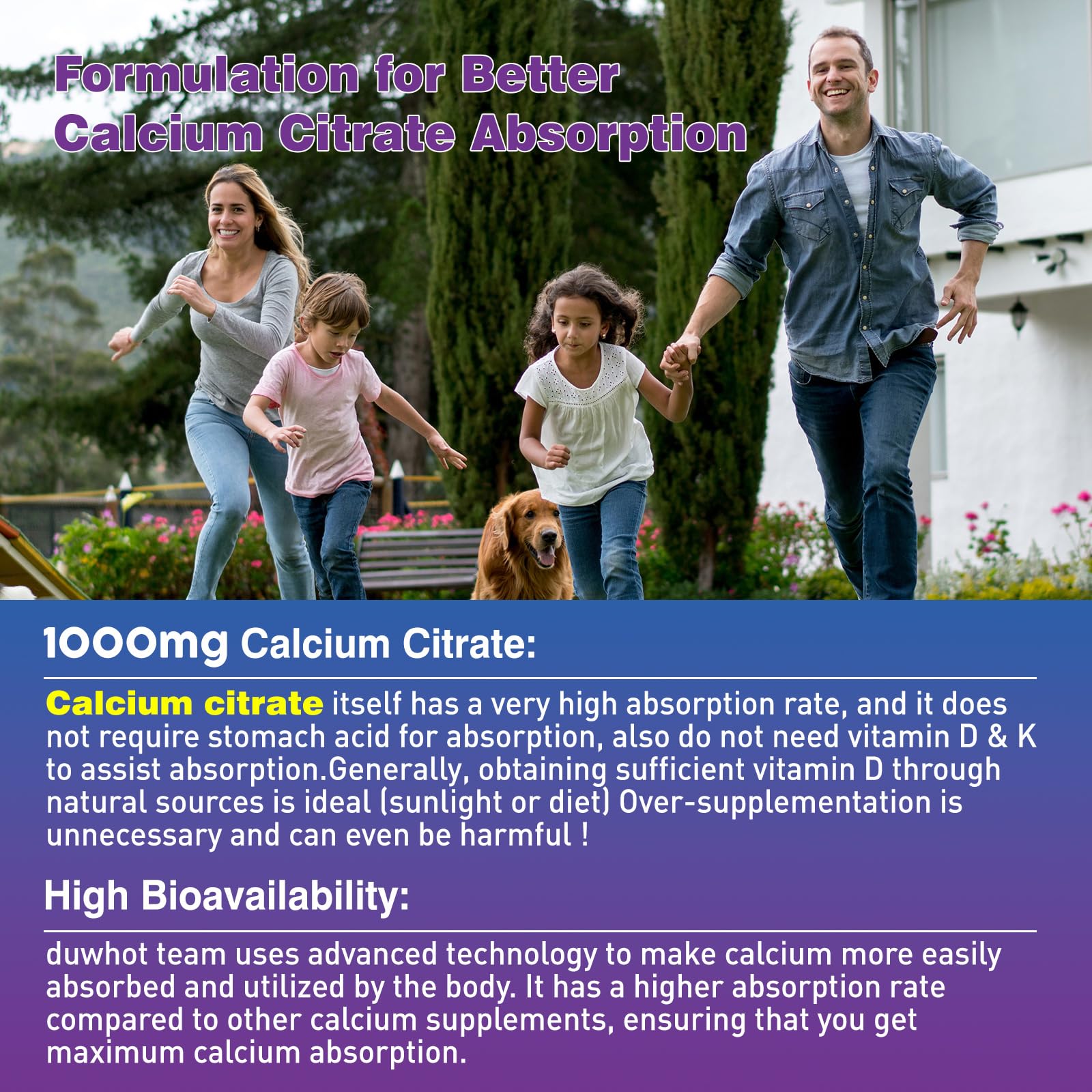 duwhot Calcium Citrate Gummies pour from bottle emphasizing blueberry flavor and easy dosing
