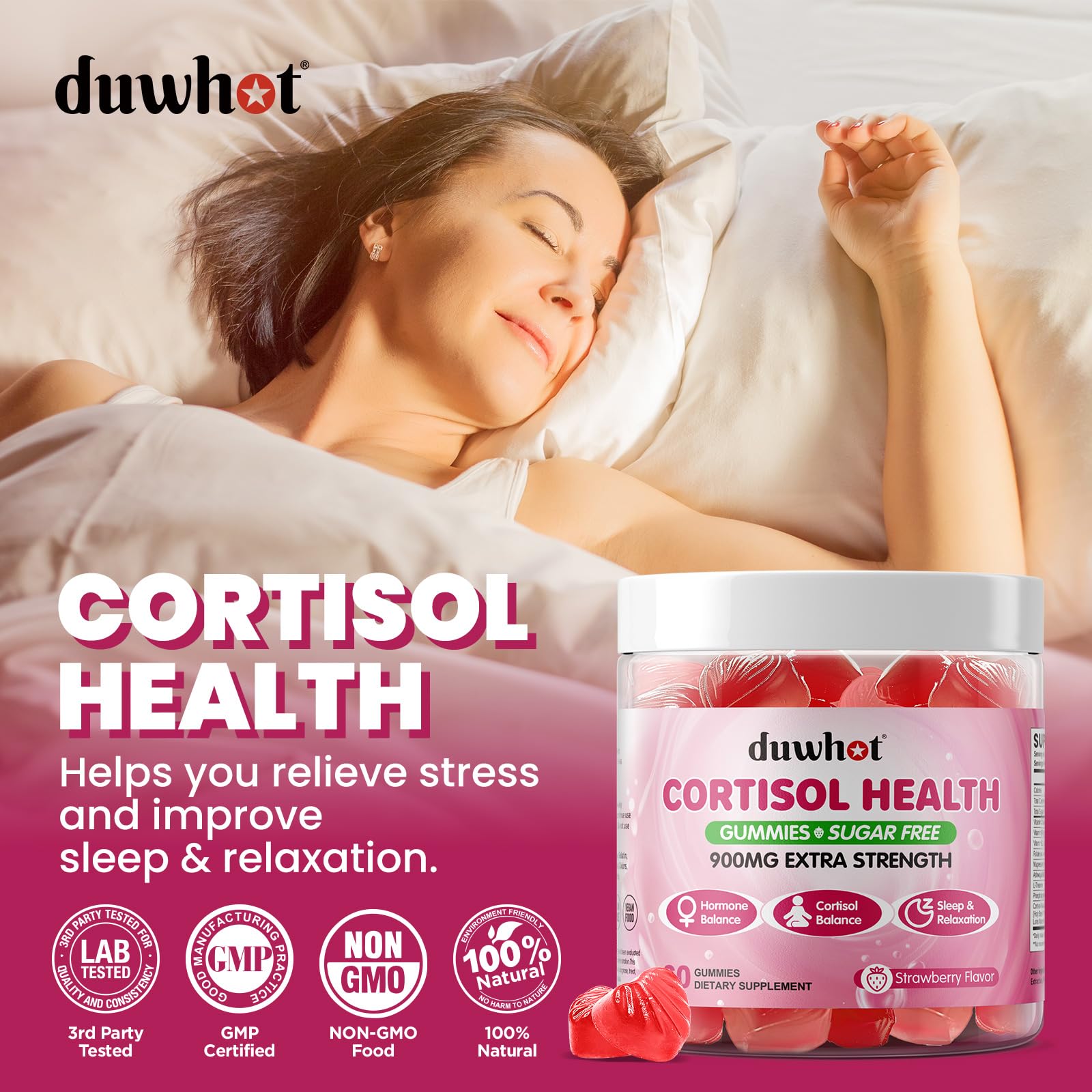 duwhot Cortisol Gummies packaging shown for easy daily dosing during the day