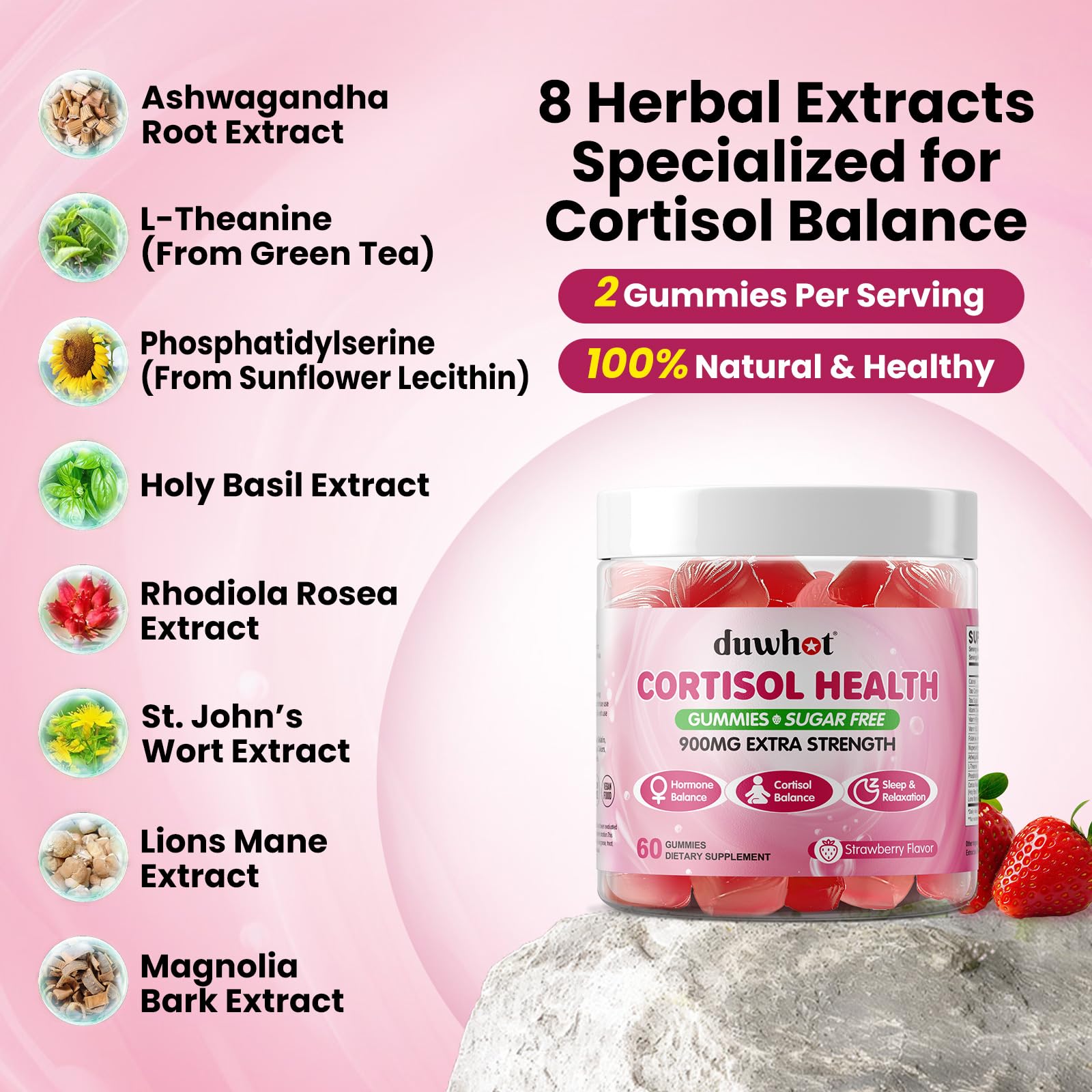 duwhot Cortisol Gummies strawberry flavor close-up ready for stress support