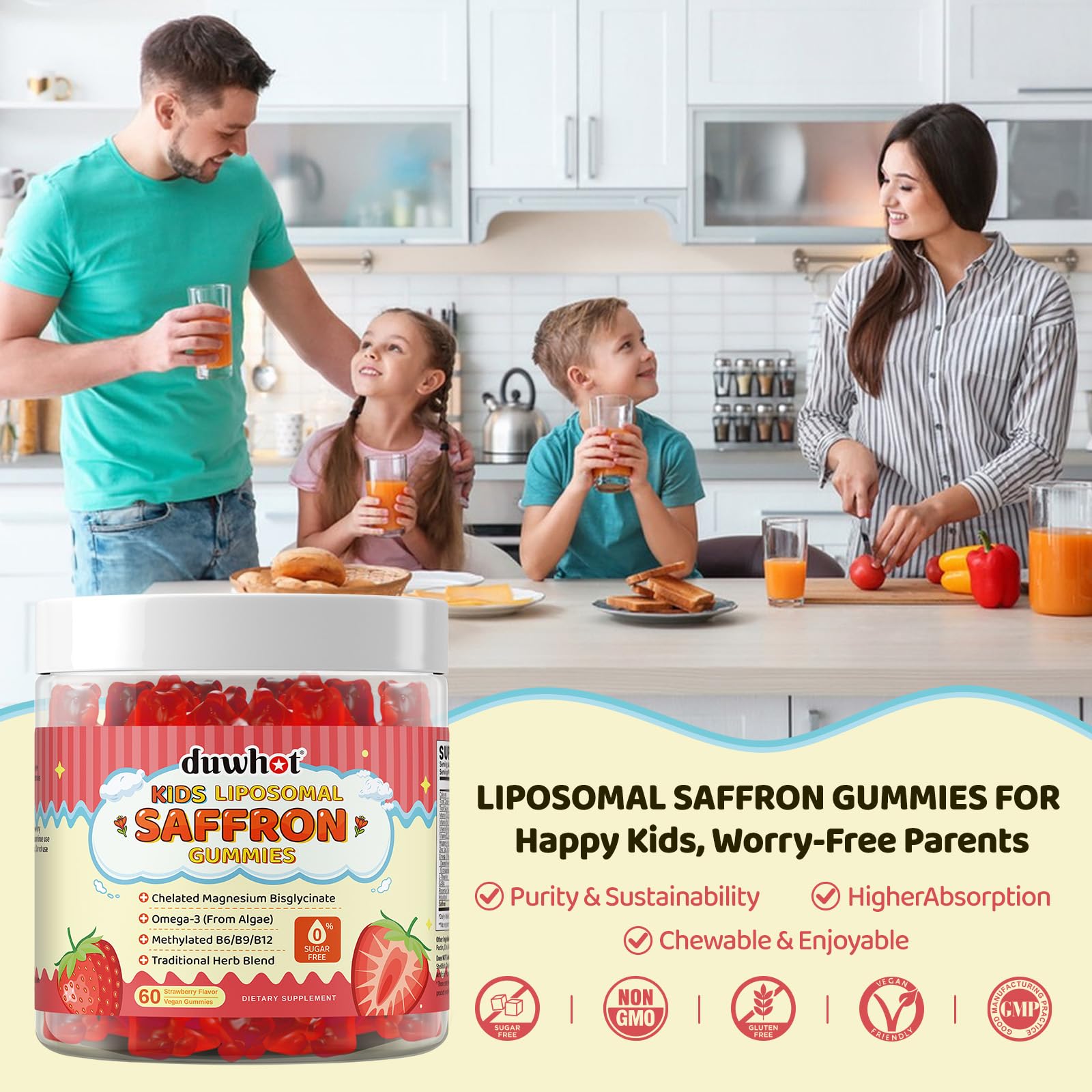 duwhot kids saffron gummies – natural flavor, no artificial colors, kid-friendly treat.