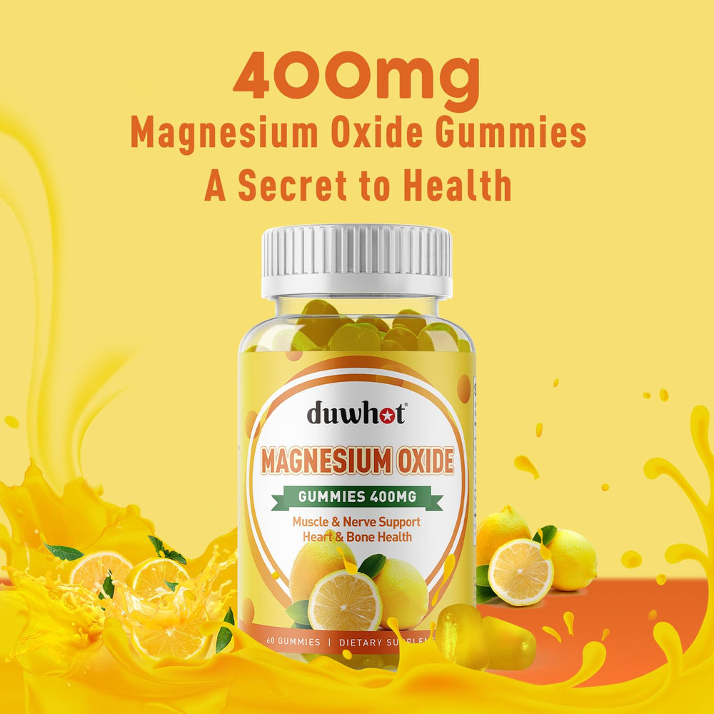 Duwhot Magnesium Oxide Gummies bottle label shows vegan, gluten-free, and non-GMO ingredients