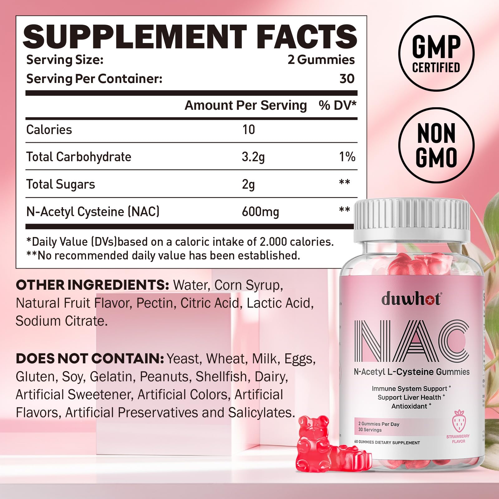 duwhot NAC gummies label close-up shows strawberry flavor and clean ingredients