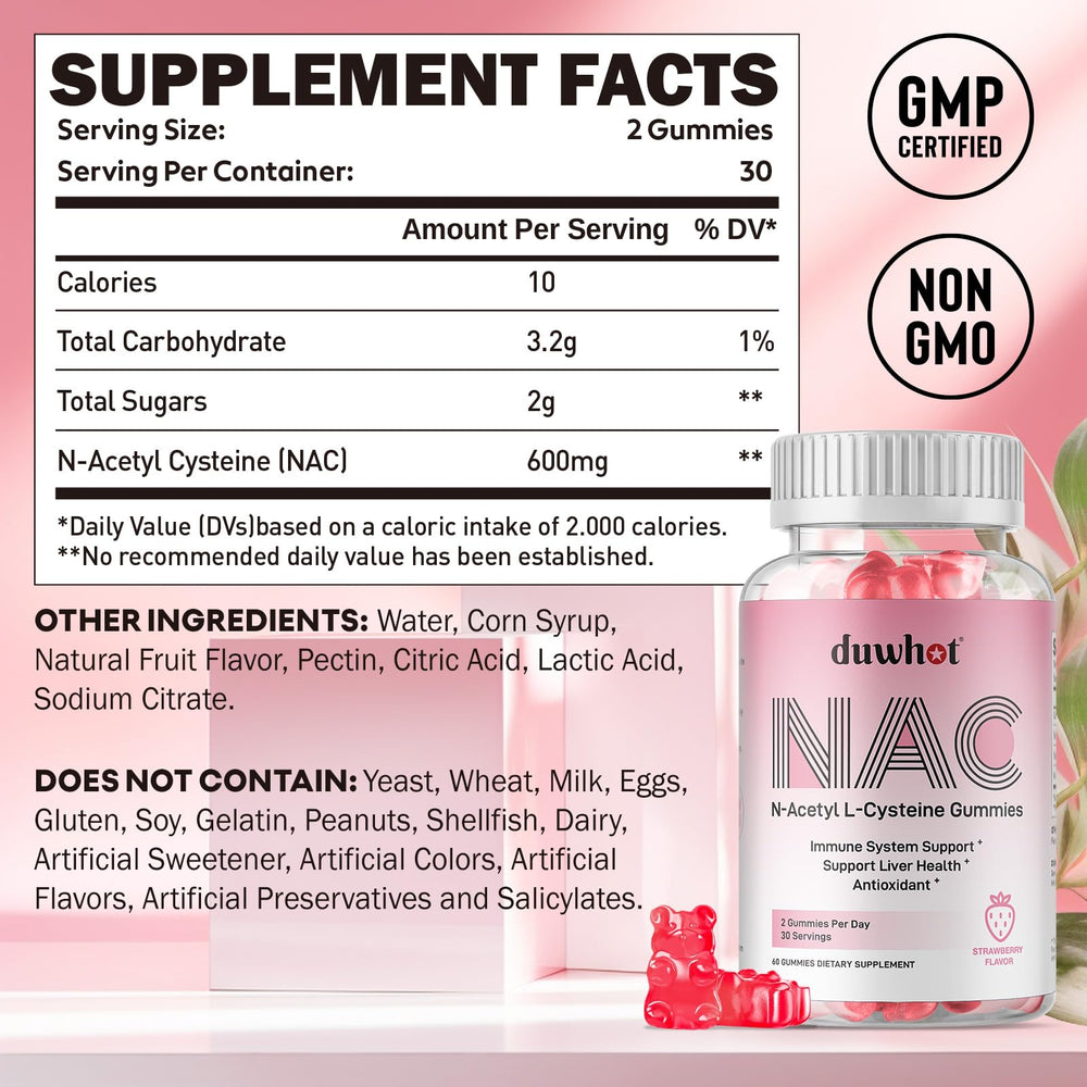 duwhot NAC gummies label close-up shows strawberry flavor and clean ingredients