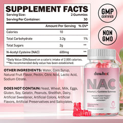 duwhot NAC gummies label close-up shows strawberry flavor and clean ingredients