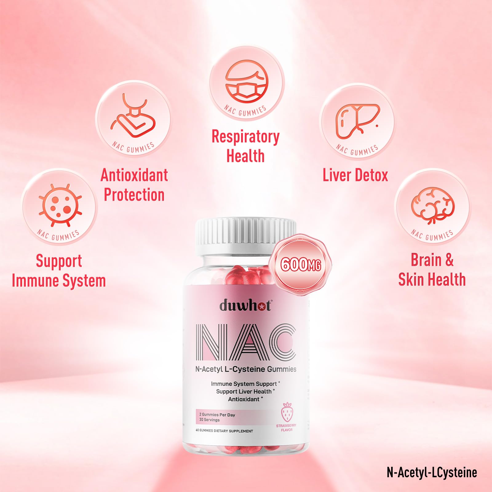 duwhot NAC gummies strawberry finish suggests tasty, adults-and-kids friendly routine