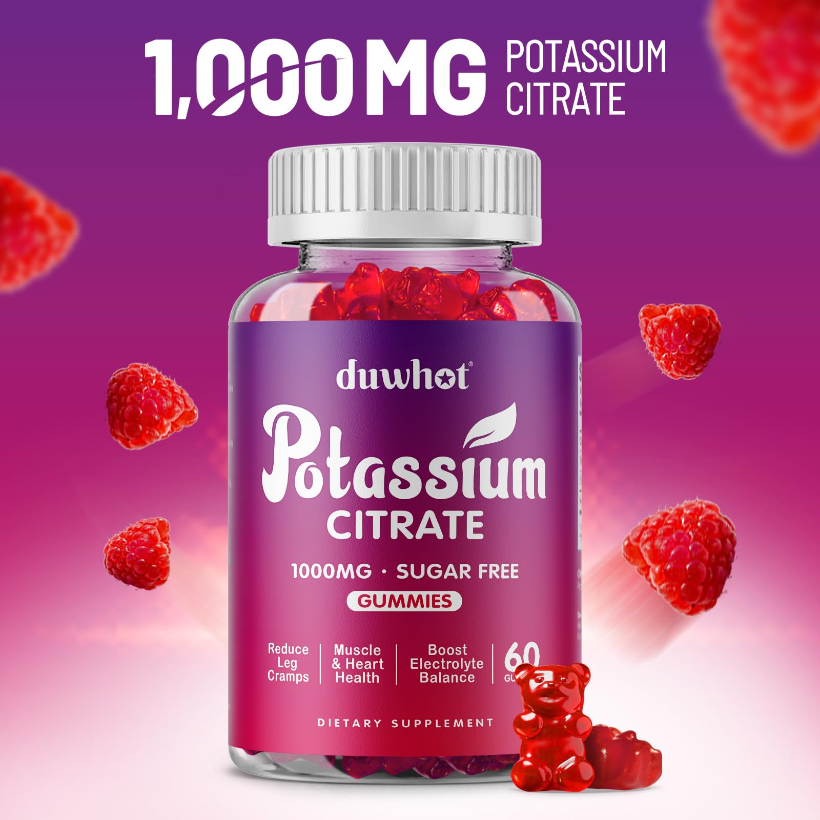 Duwhot potassium citrate gummies close-up highlighting 1000mg potency per serving