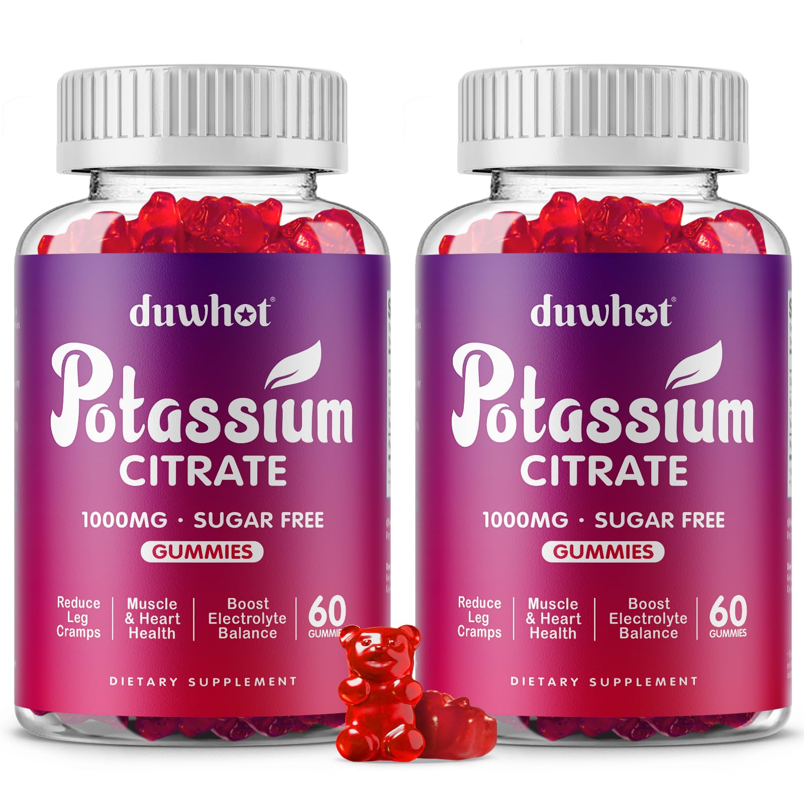 Duwhot potassium citrate gummies bottle close-up showing raspberry flavor and easy chewability for daily support