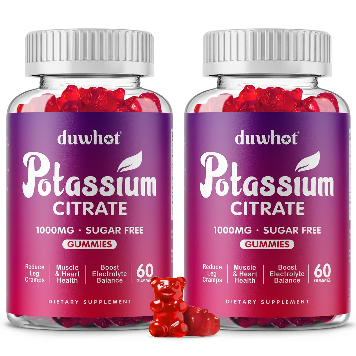 Duwhot potassium citrate gummies bottle close-up showing raspberry flavor and easy chewability for daily support