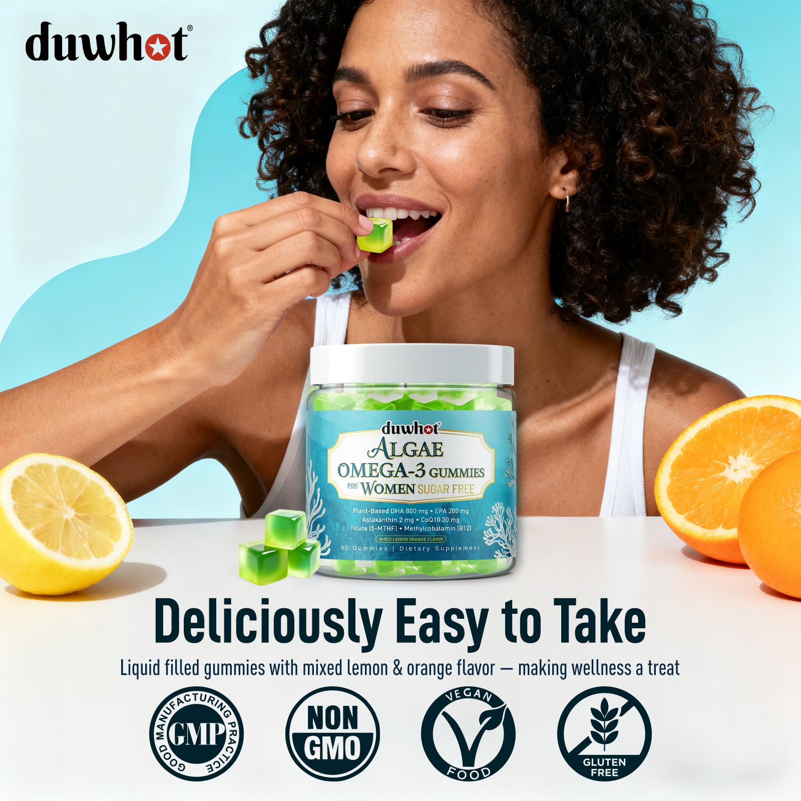 duwhot vegan omega-3 gummies label-detail underscoring vegan formulation