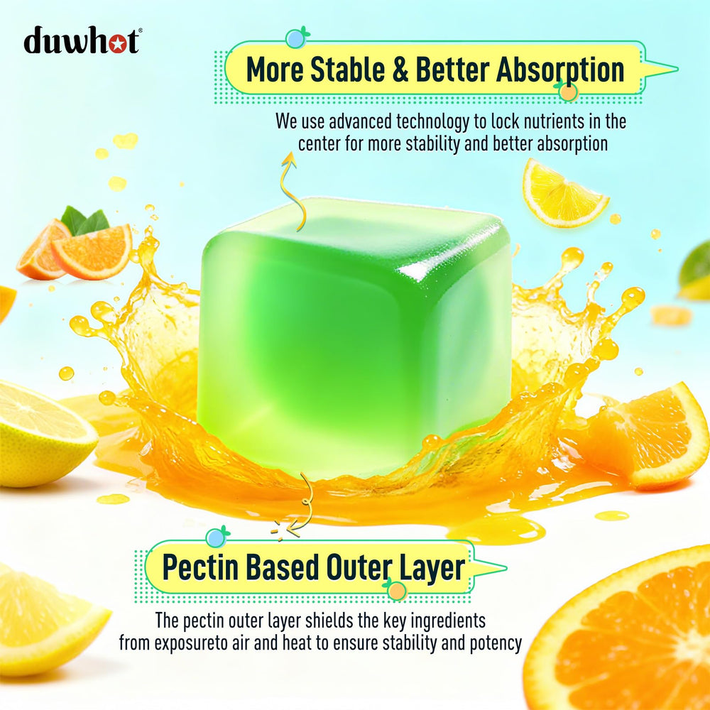 duwhot vegan omega-3 gummies vitamin panel showing E, K2, B vitamins