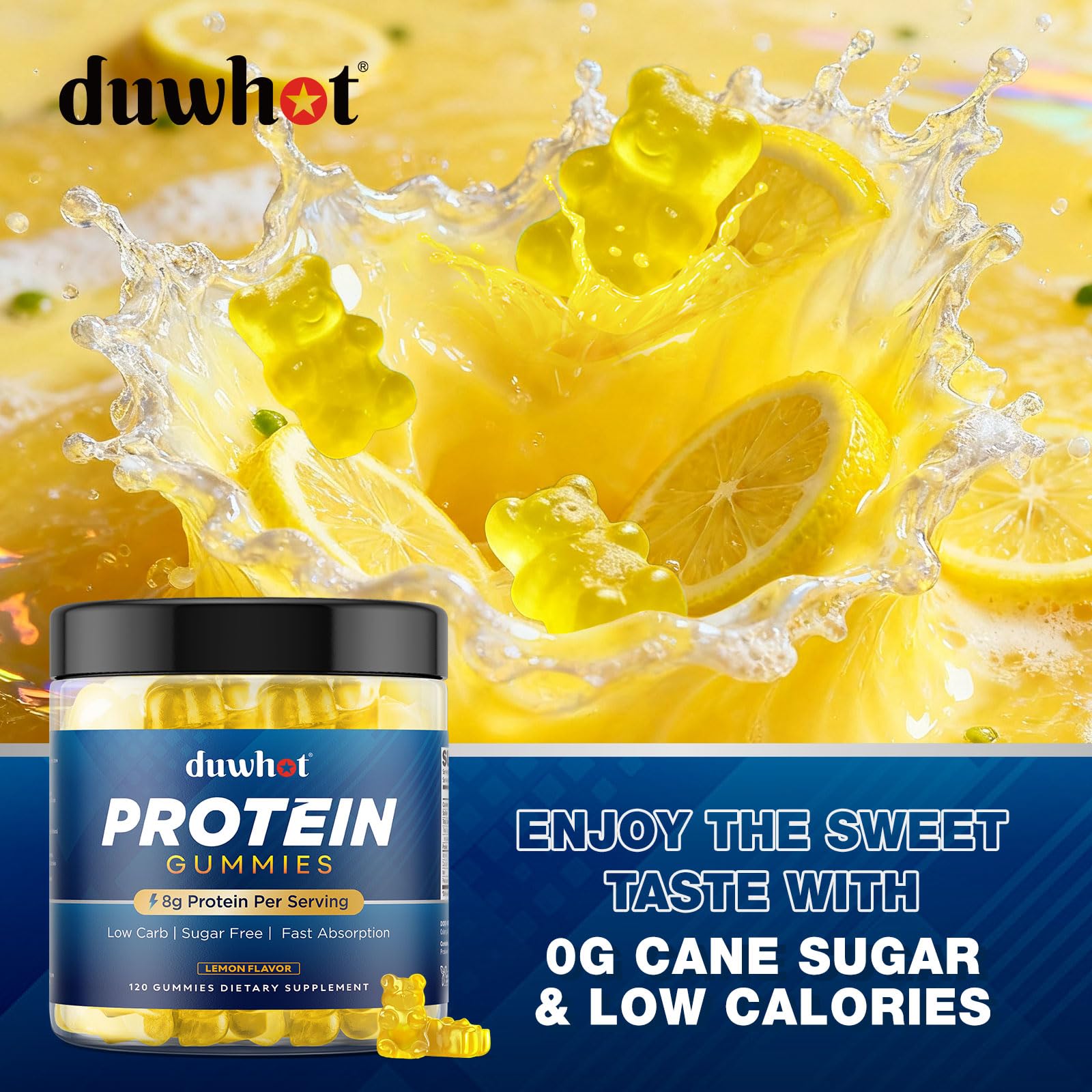 duwhot whey protein gummies desk snack illustrates easy daily protein boost.