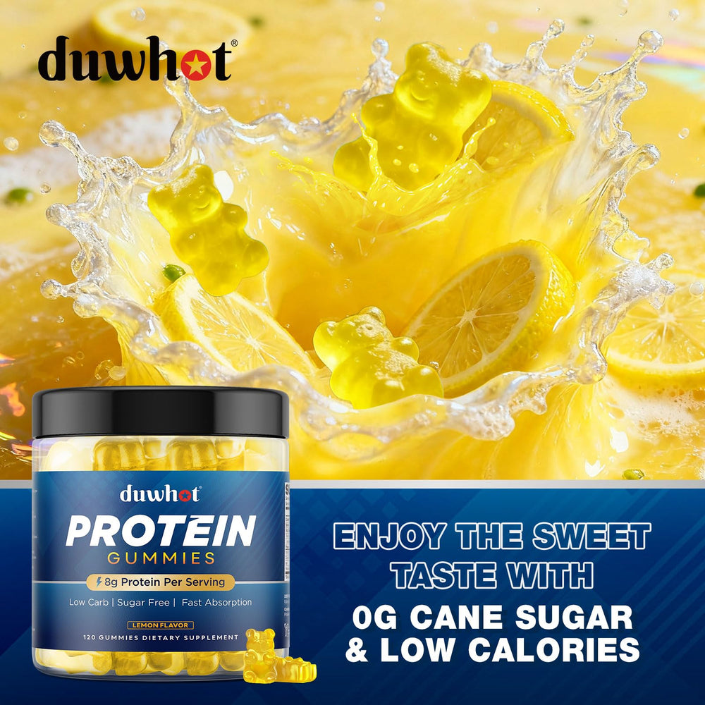 duwhot whey protein gummies desk snack illustrates easy daily protein boost.