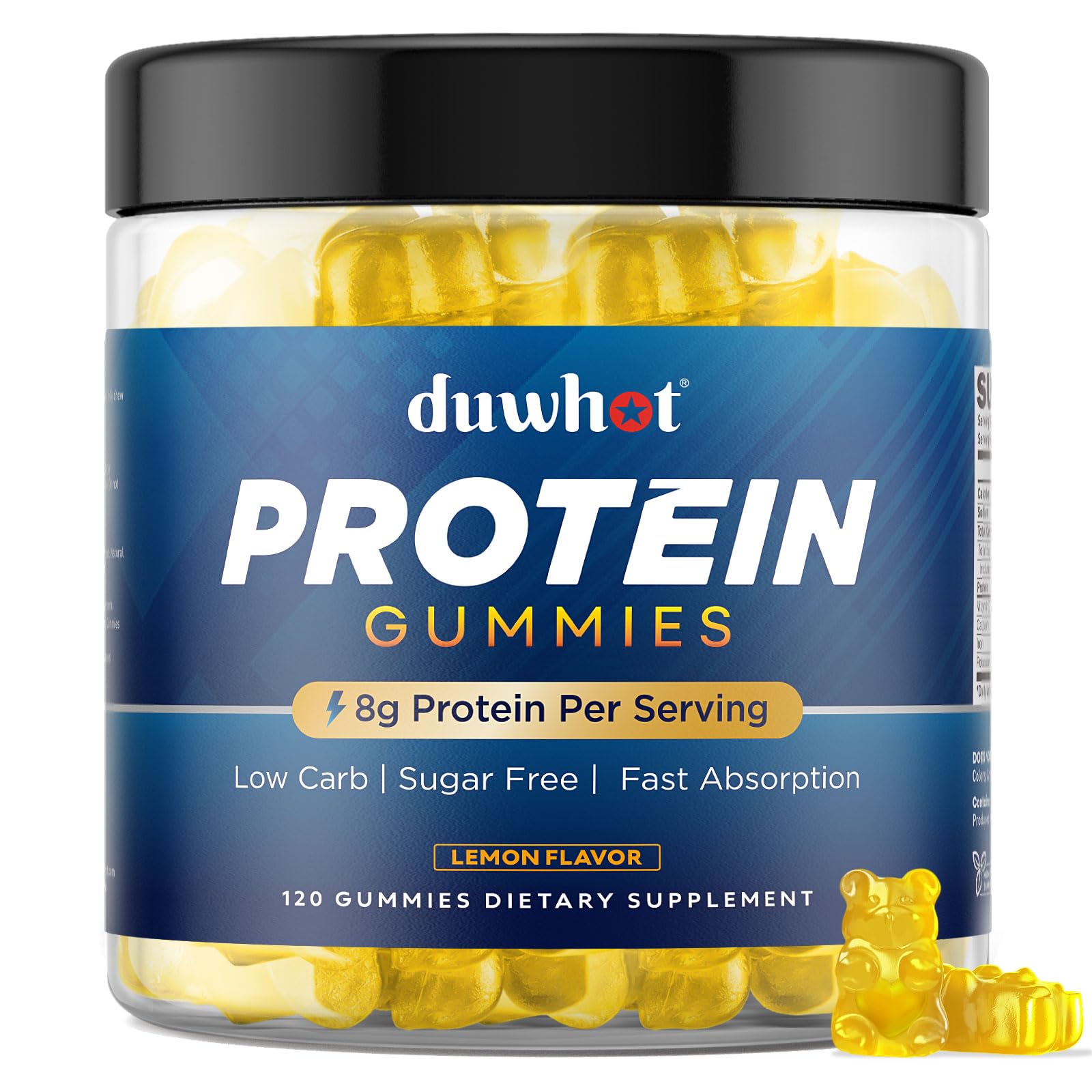 duwhot whey protein gummies lemon packaging showcases convenient protein on the go.