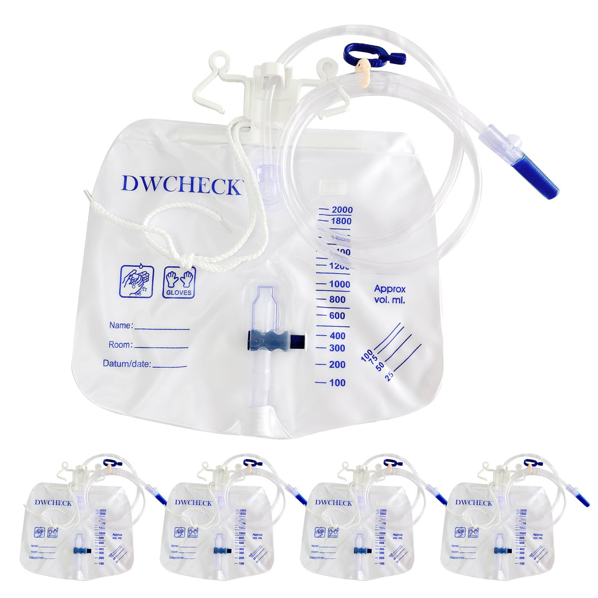 DWCHECK 5-pack urinary bags with large 2000ml capacity for home care.