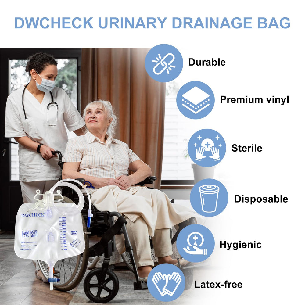 DWCHECK clips and hanging hook attach securely to bedrails or wheelchairs.