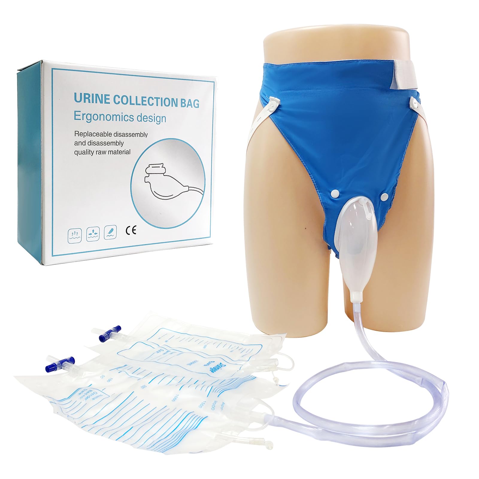 DWCHECK wearable urine collection bag shown with discreet daytime use and comfort