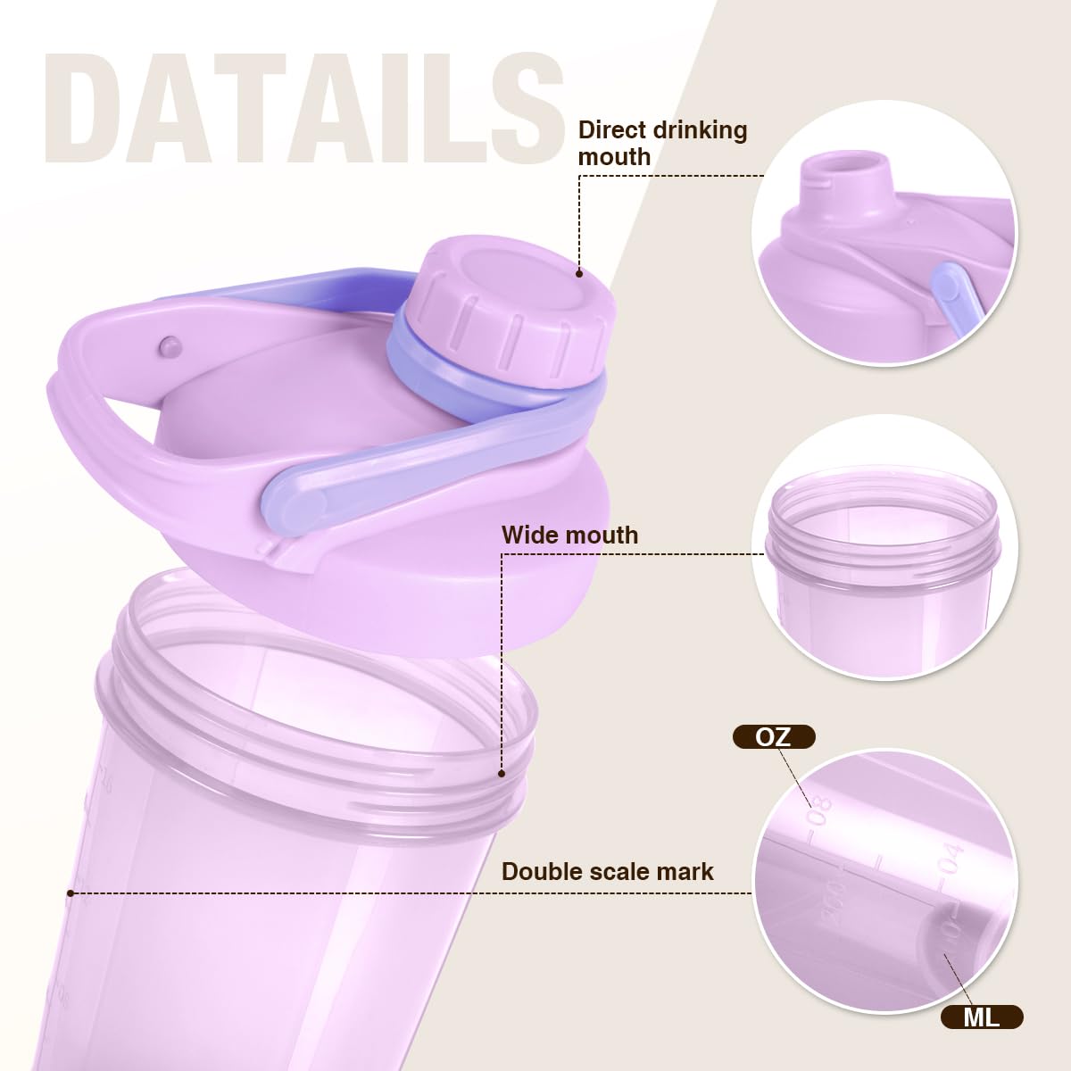 D.Y.A 16oz purple shaker bottle lid closeup, showing leak-proof design.