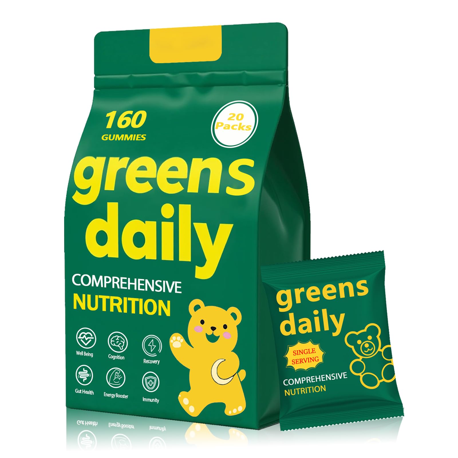 DYDUON Greens Gummies bottle shows 60+ ingredients for daily wellness.