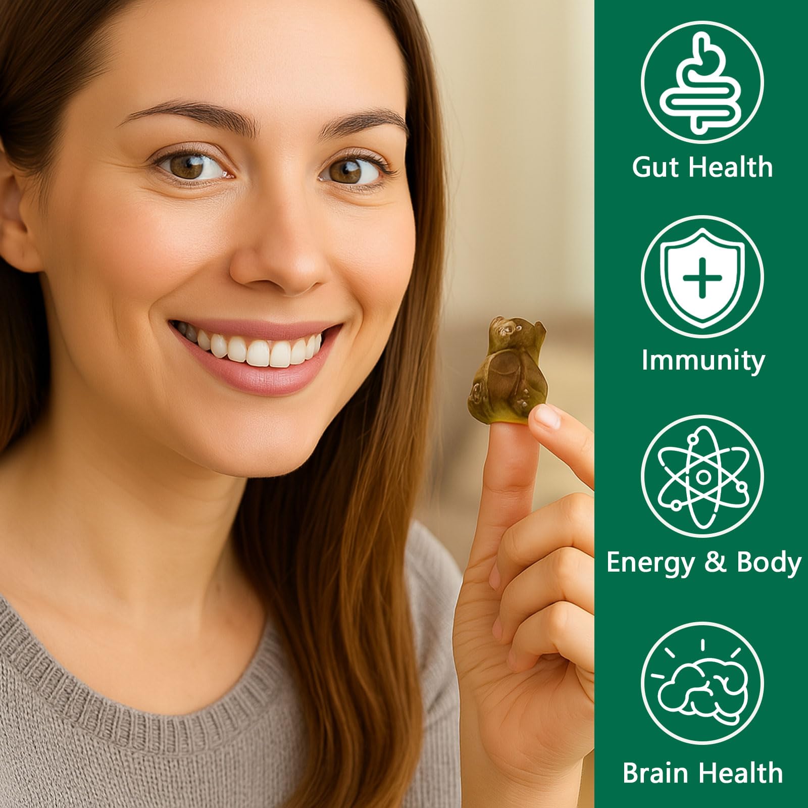 DYDUON Greens Gummies closeup reveals chewy texture and vibrant color.