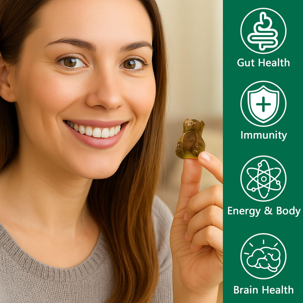 DYDUON Greens Gummies closeup reveals chewy texture and vibrant color.