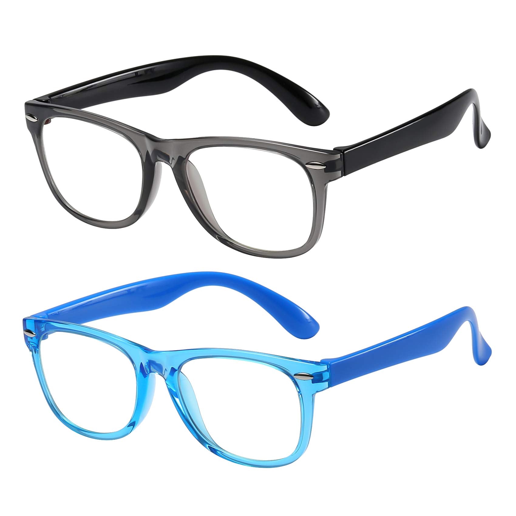 DYLB Kids blue light glasses front view in transparent blue frame for reduced screen glare