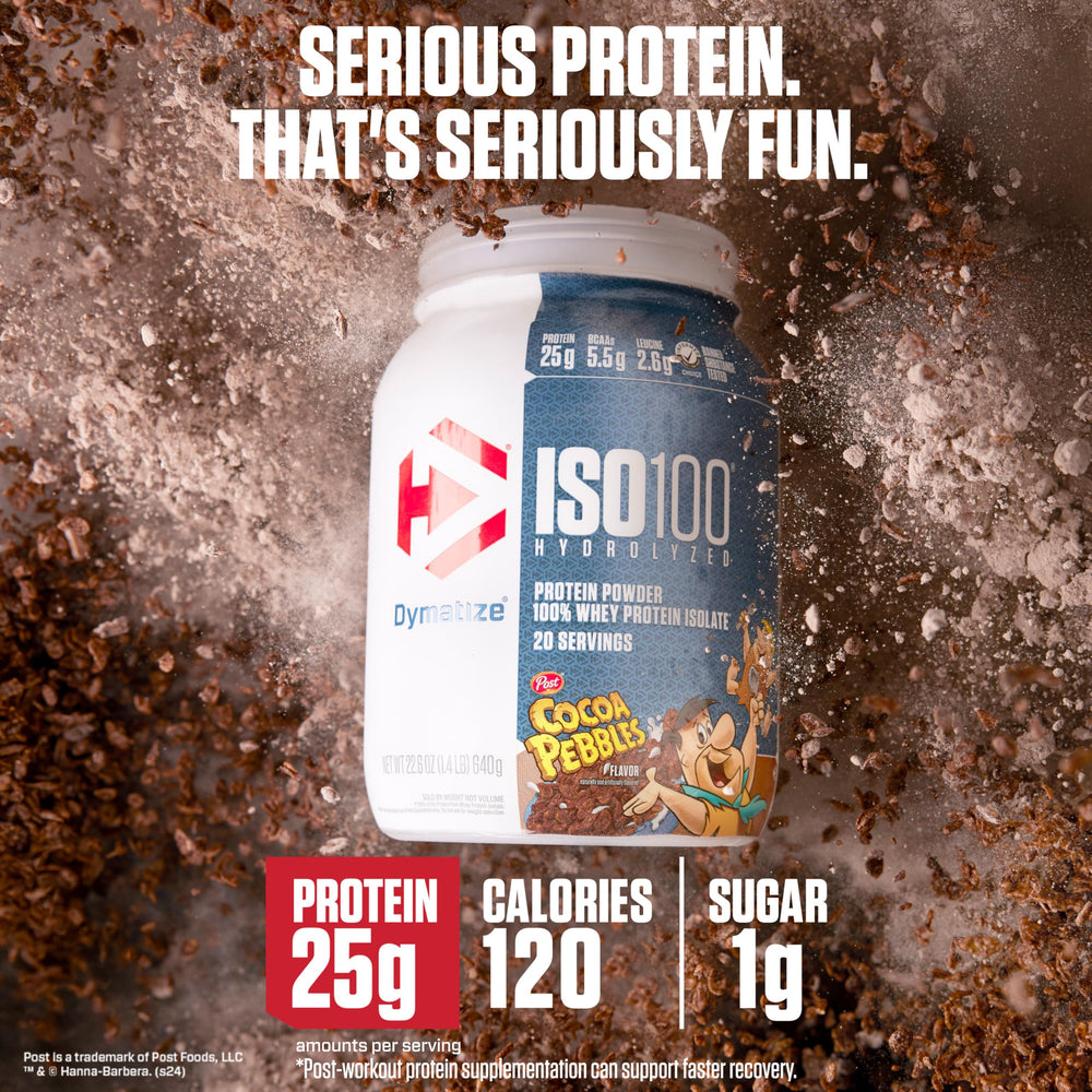 Dymatize ISO100 protein scoop shows 25g protein per serving for workouts