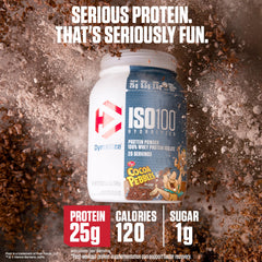 Dymatize ISO100 protein scoop shows 25g protein per serving for workouts