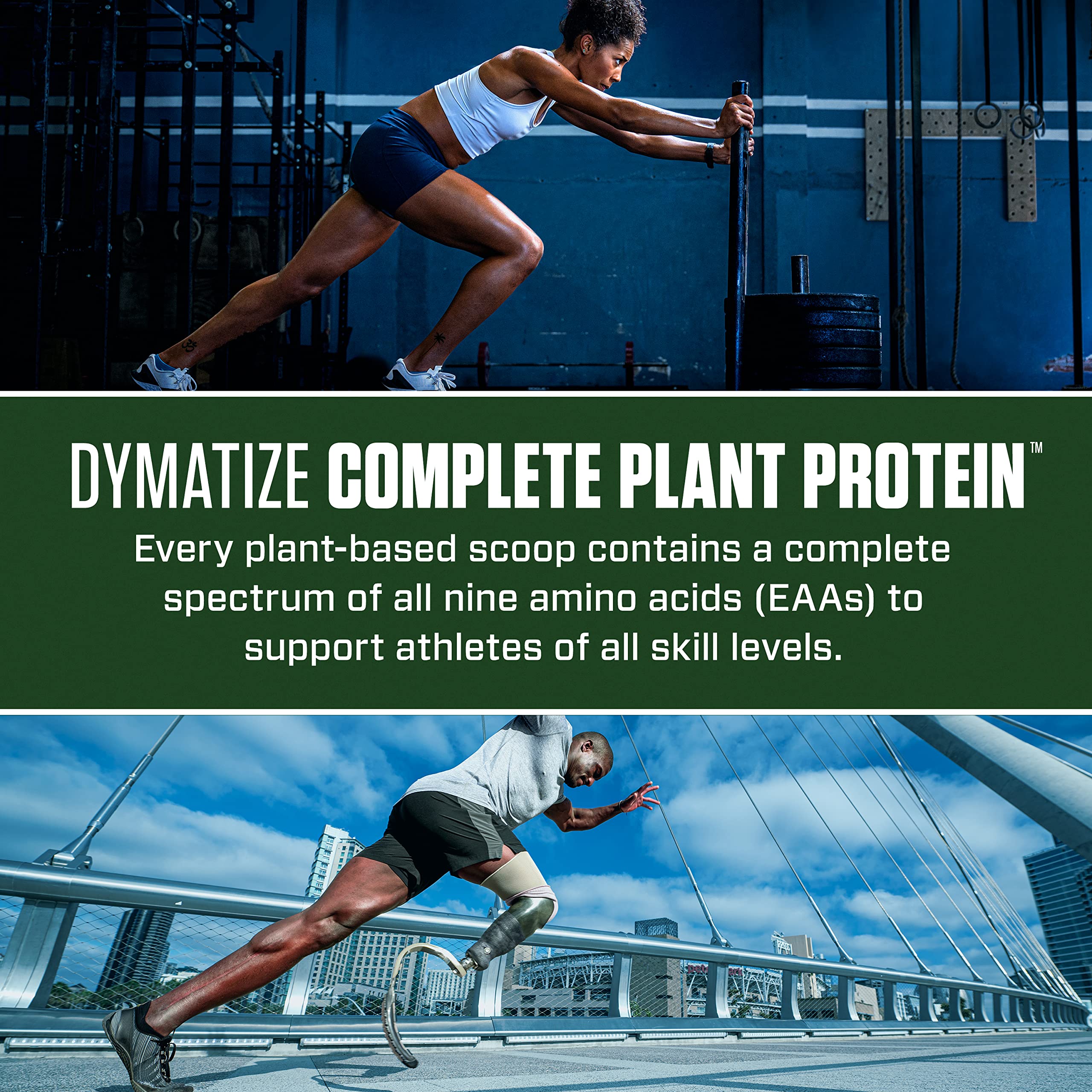 Dymatize Complete Plant Protein nutrition facts panel showing protein and sugar details.
